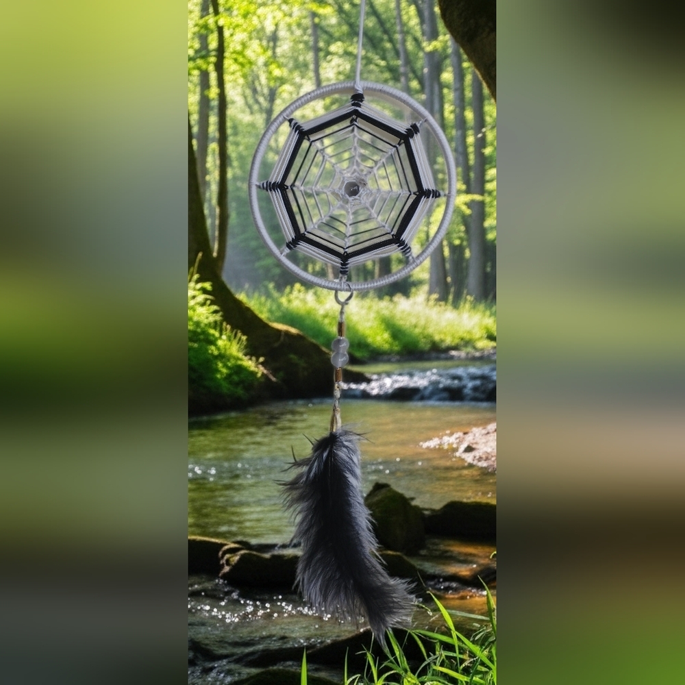 Handmade Black & White Spiderweb Dreamcatcher with AUTHENTIC Feathers